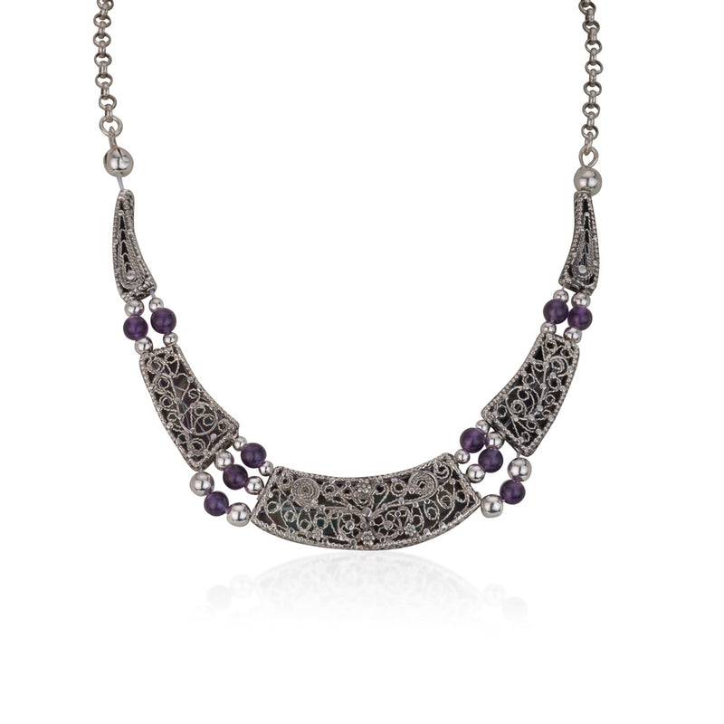 925 silver filigree necklace with silver beads and amethyst