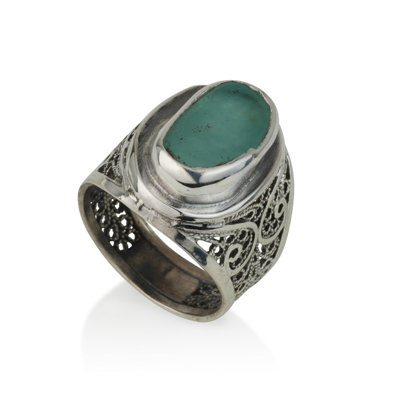 925 silver filigree ring set with Roman glass