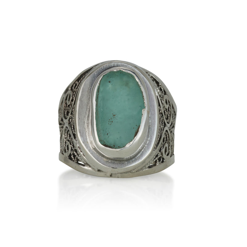 925 silver filigree ring set with Roman glass