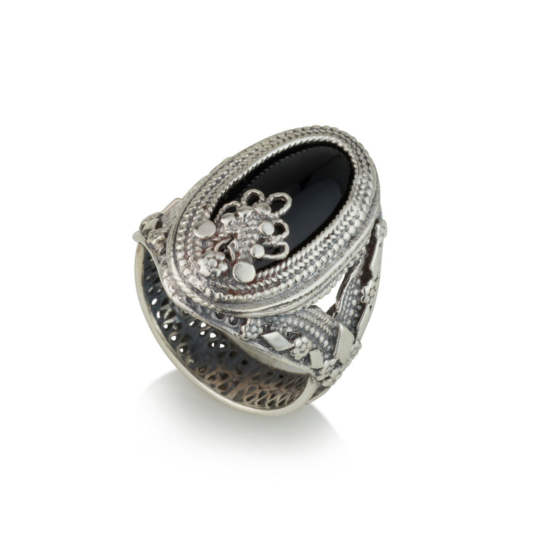 925 silver filigree ring set with black onyx stone