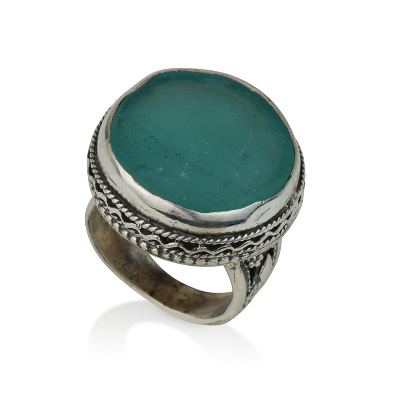 925 silver filigree ring set with Roman glass