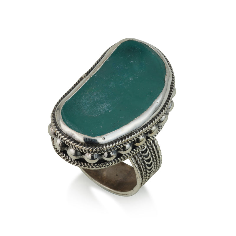 925 silver filigree ring set with Roman glass