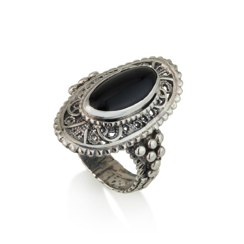 925 silver filigree ring set with black onyx stone