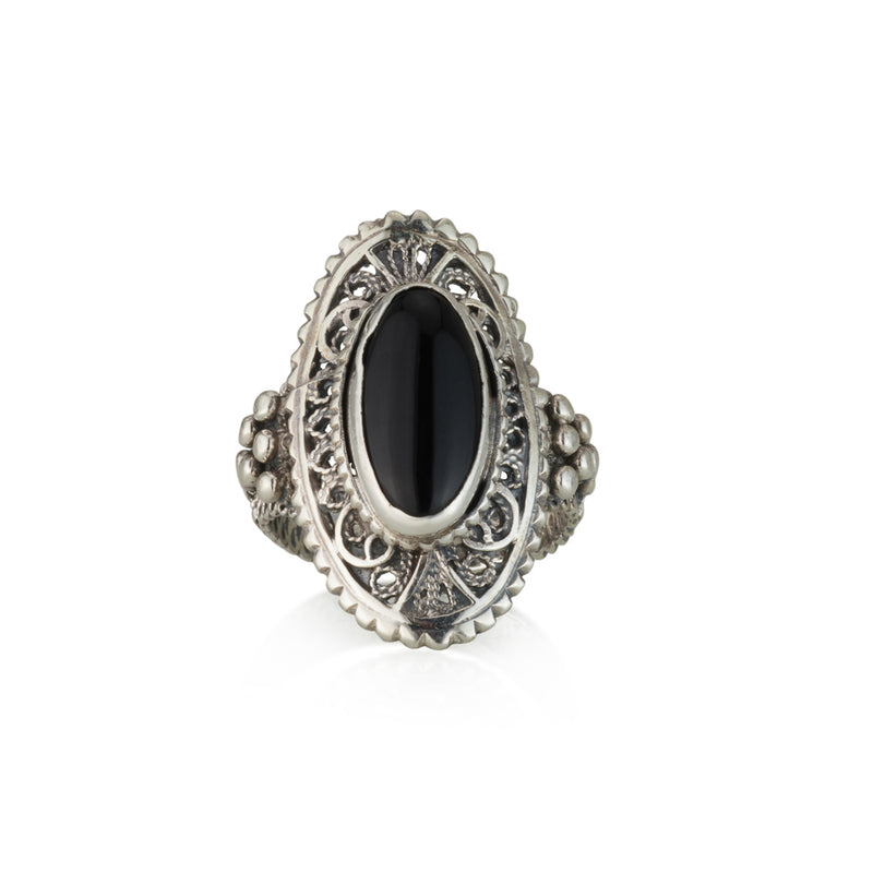 925 silver filigree ring set with black onyx stone