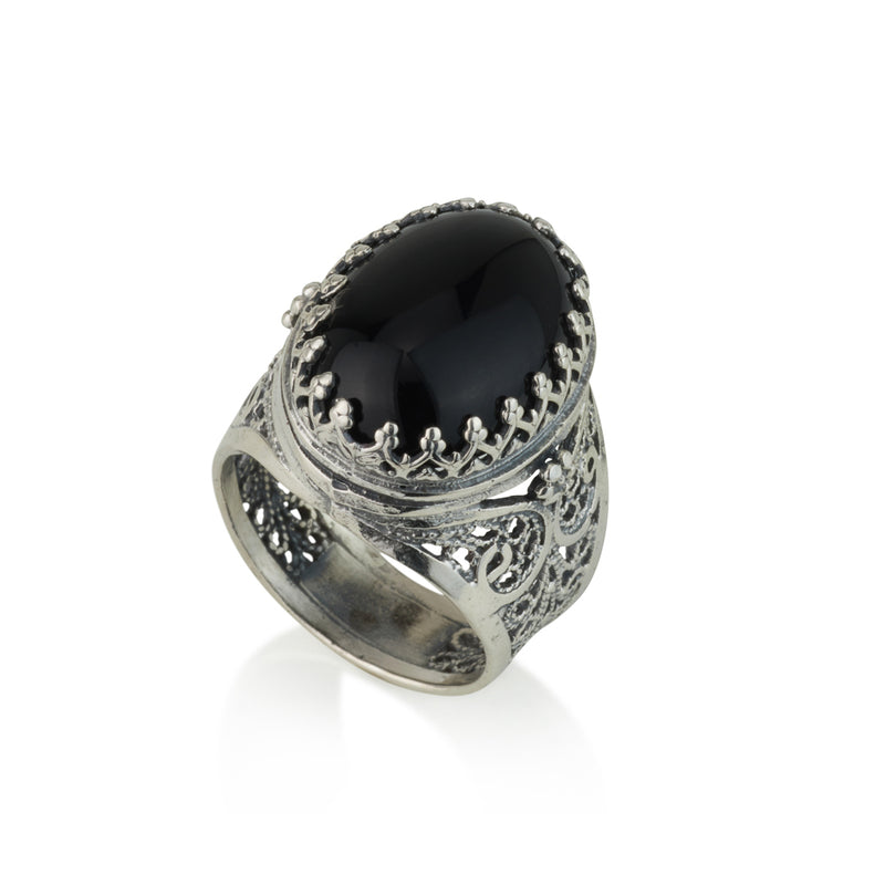 925 silver filigree ring set with black onyx stone