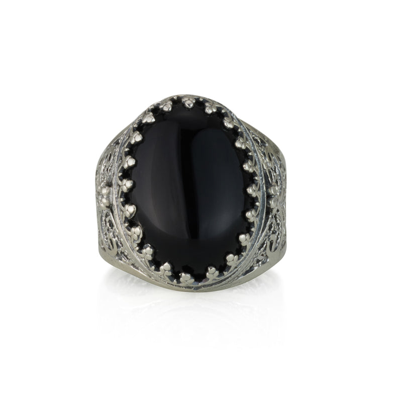 925 silver filigree ring set with black onyx stone