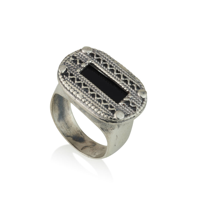 925 silver filigree ring set with black onyx stone