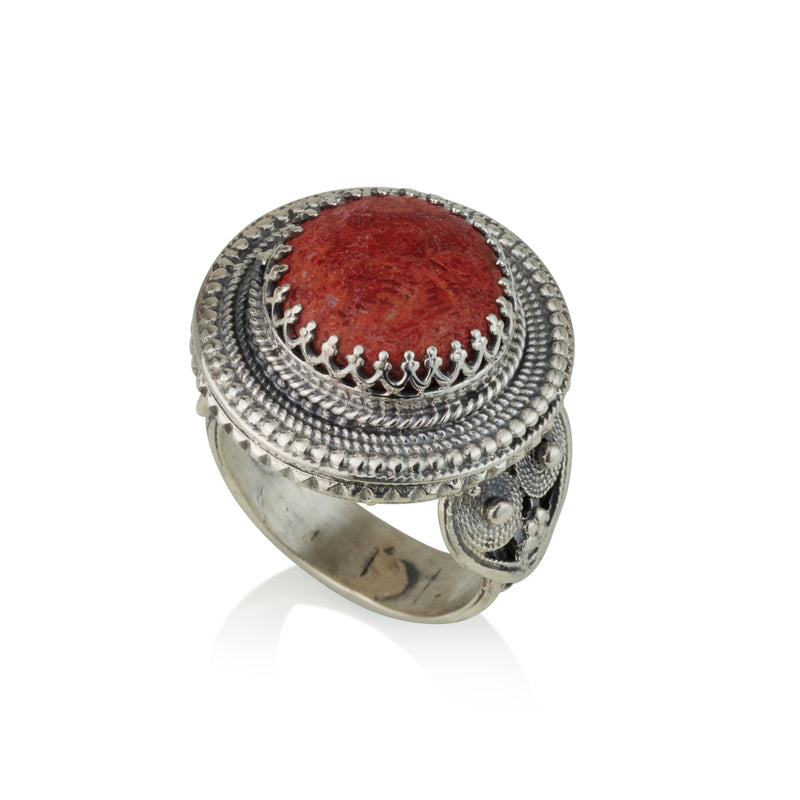 925 silver filigree ring set with coral sponge stone