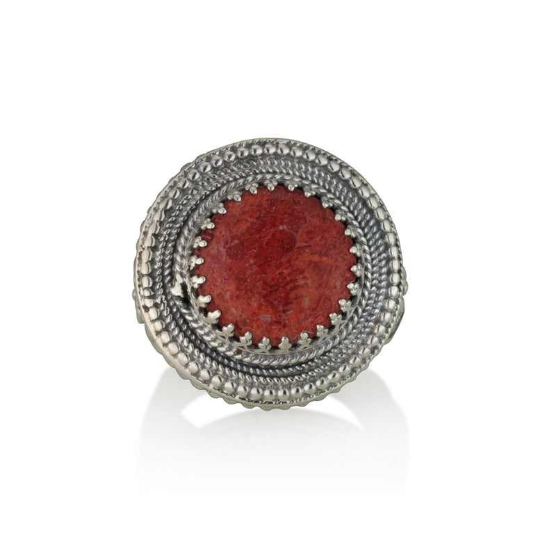 925 silver filigree ring set with coral sponge stone