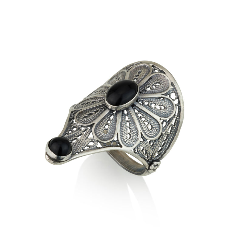 925 silver filigree ring set with black onyx stone