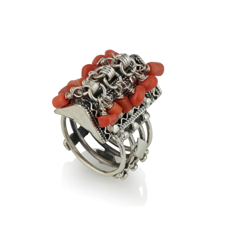 925 silver filigree ring with coral beads