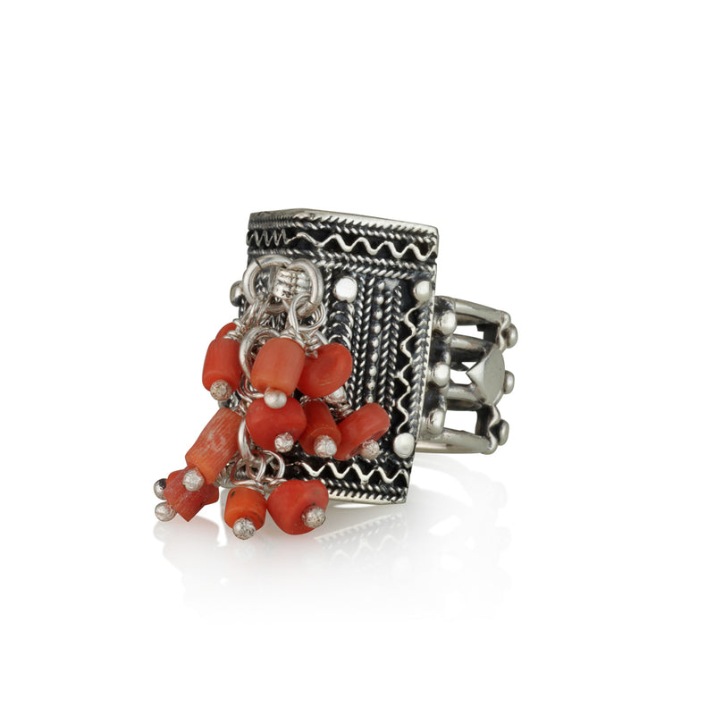 925 silver filigree ring with coral beads