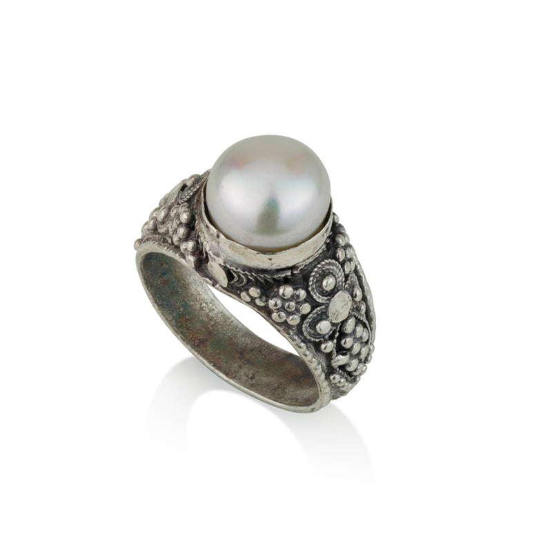 925 silver filigree ring set with pearl