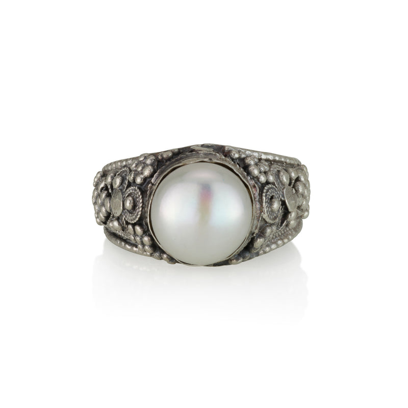 925 silver filigree ring set with pearl