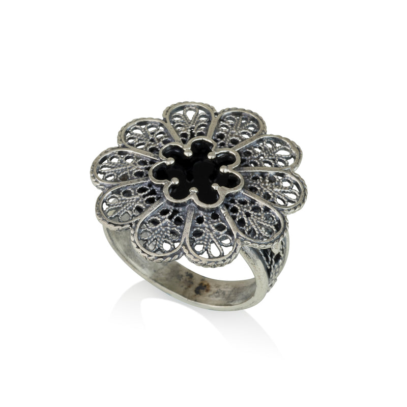 925 silver filigree ring set with black onyx stone