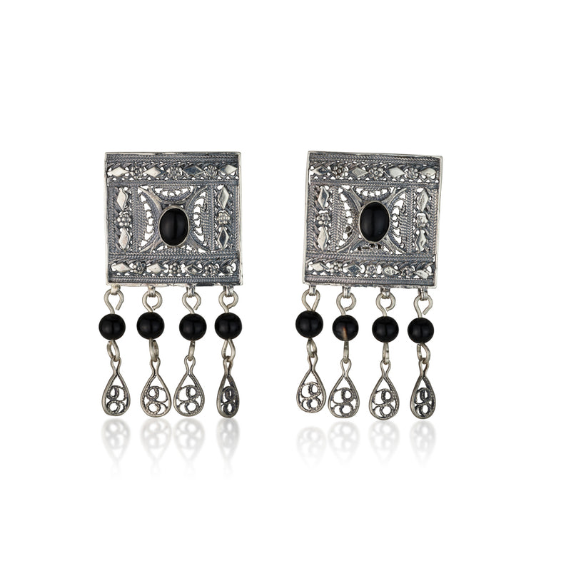 925 silver filigree clips earring set with black onyx stones