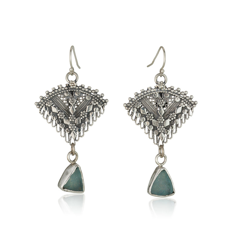 925 silver filigree earrings set with Roman glass