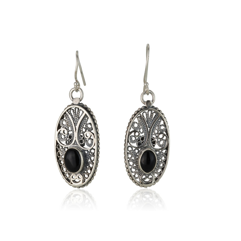 925 silver filigree earrings set with black onyx stones