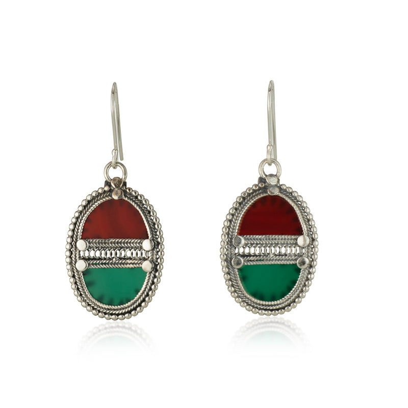 925 silver filigree earrings set with Carnelian and green agate stones