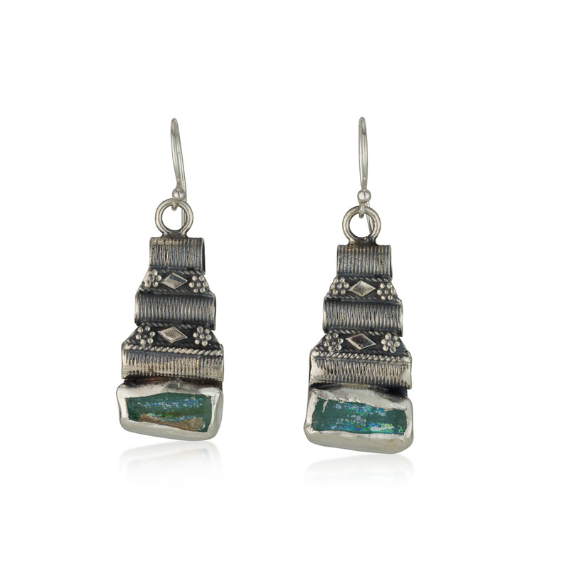 925 silver filigree earrings set with Roman glass