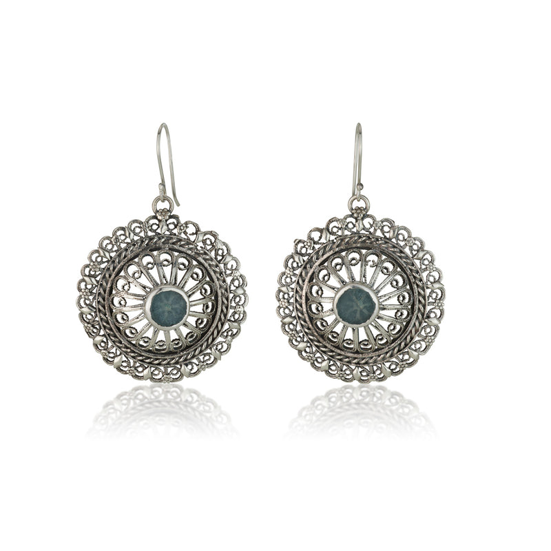 925 silver filigree earrings set with Roman glass