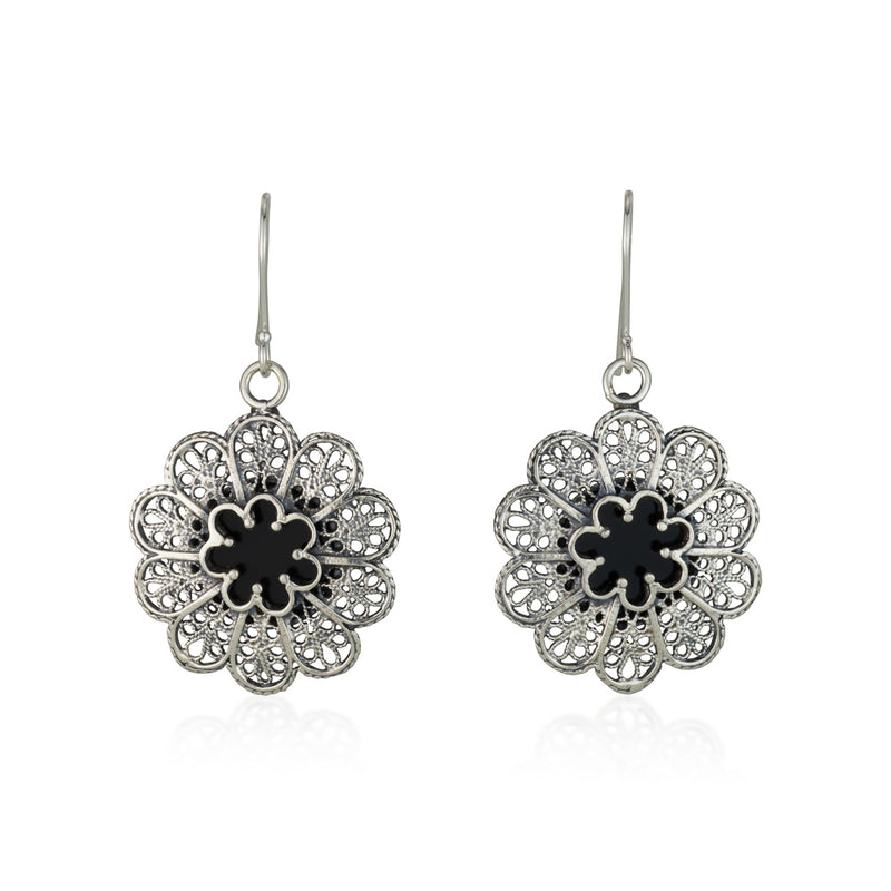 925 silver filigree earrings set with black onyx stones